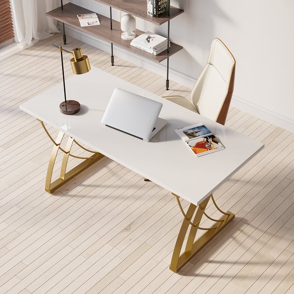 Modern White Wooden Computer Desk Rectangular Office Desk with Gold Frame