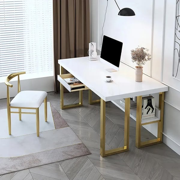 Modern White & Gold Rectangular Computer Desk with Drawer & Storage Shelf