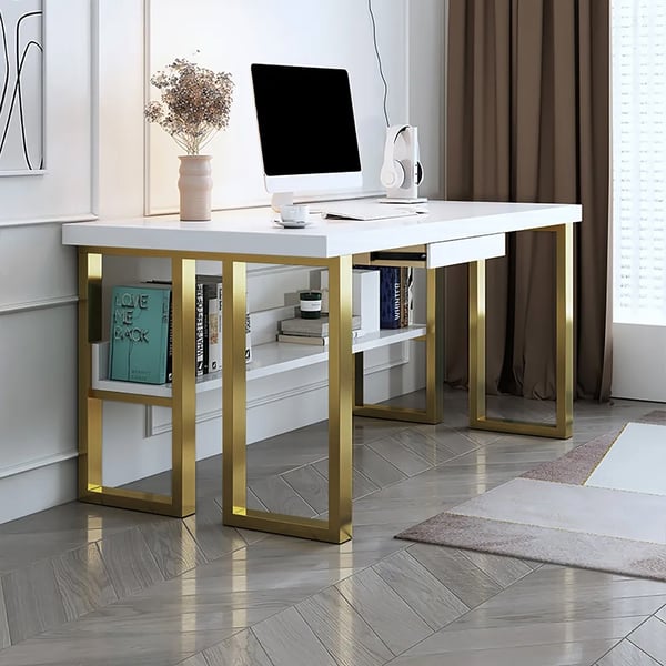 Modern White & Gold Rectangular Computer Desk with Drawer & Storage Shelf