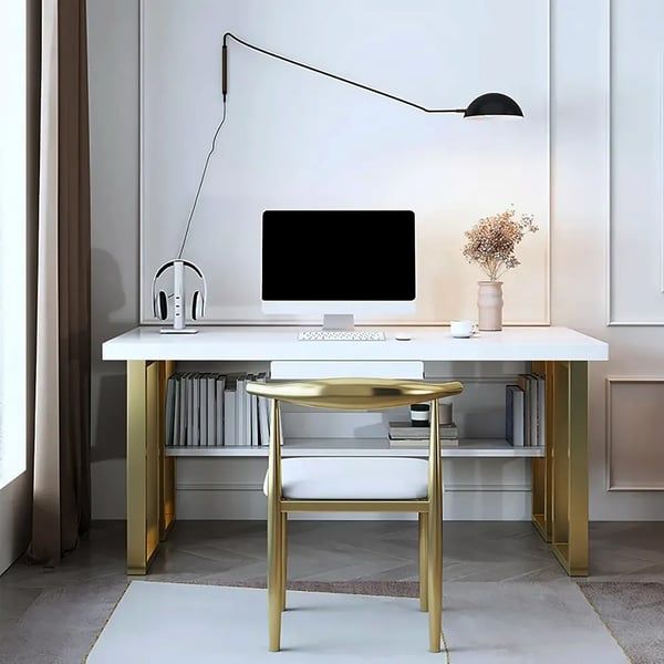 Modern White & Gold Rectangular Computer Desk with Drawer & Storage Shelf