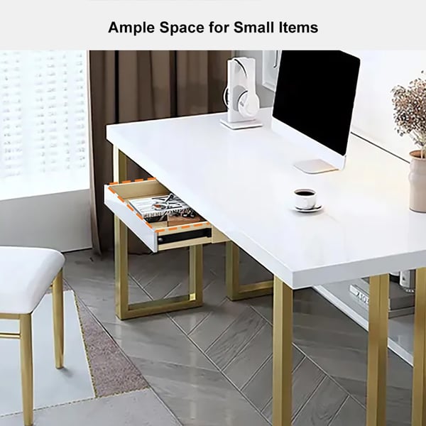 Modern White & Gold Rectangular Computer Desk with Drawer & Storage Shelf