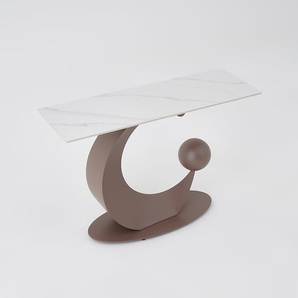 Table console étroite de 47 po, plateau en pierre frittée blanche et base en acier au carbone demi-lune