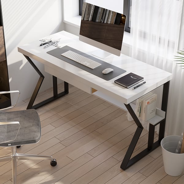 White Rectangular Writing Desk Computer Desk with Shelf & Keyboard Tray