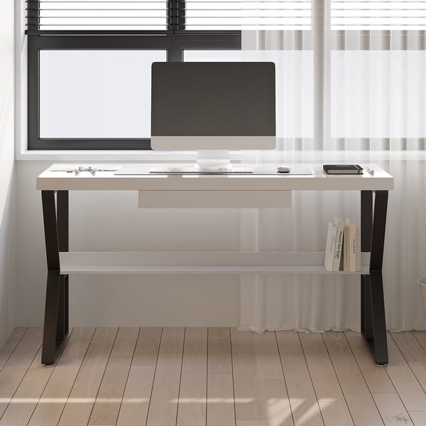White Rectangular Writing Desk Computer Desk with Shelf & Keyboard Tray