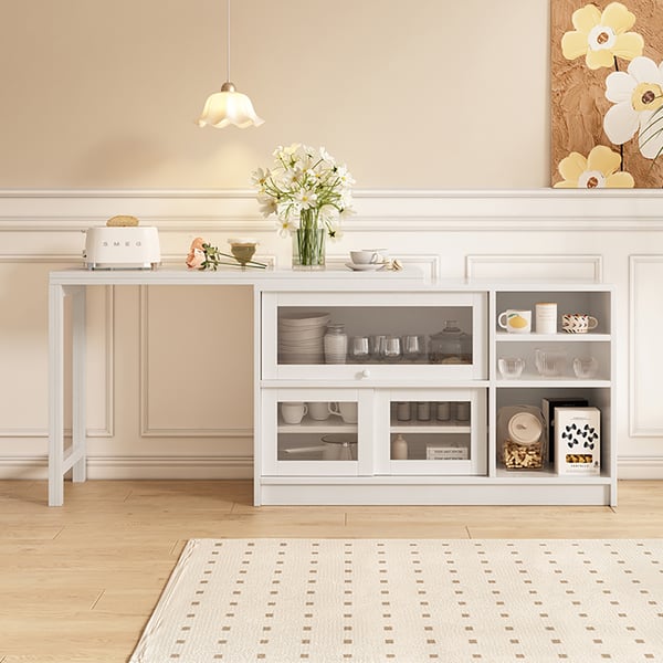 White Storage Sideboard Cabinet Extendable Wood Buffet Foldable Dining Table