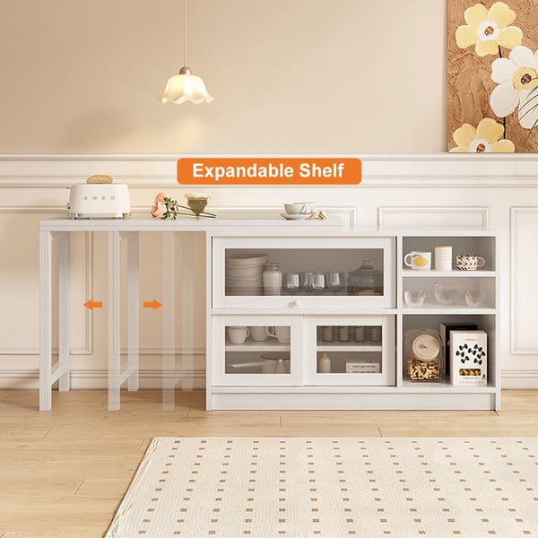 White Storage Sideboard Cabinet Extendable Wood Buffet Foldable Dining Table