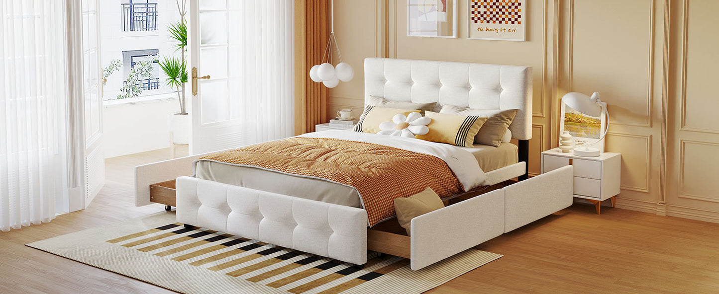 Upholstered Platform Bed with Classic Headboard and 4 Drawers, No Box Spring Needed, Linen Fabric, Queen Size White