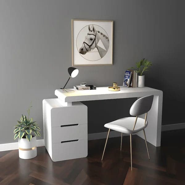 47" White 3-Drawer Writing Desk with Storage Cabinet for Office