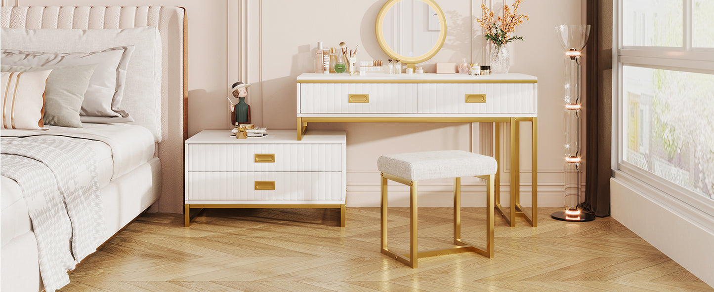 Modern Style Vanity Table With Movable Side Cabinet And 4-Drawers, Large Size Dressing Table With Mirror and 3-colors LED Light, Makeup Table With Stool, White, Golden Legs