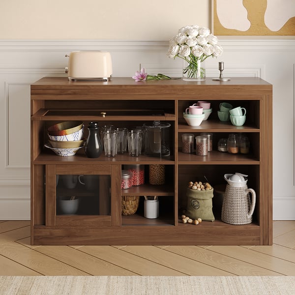 Walnut Storage Sideboard Cabinet Extendable Wood Buffet Foldable Dining Table