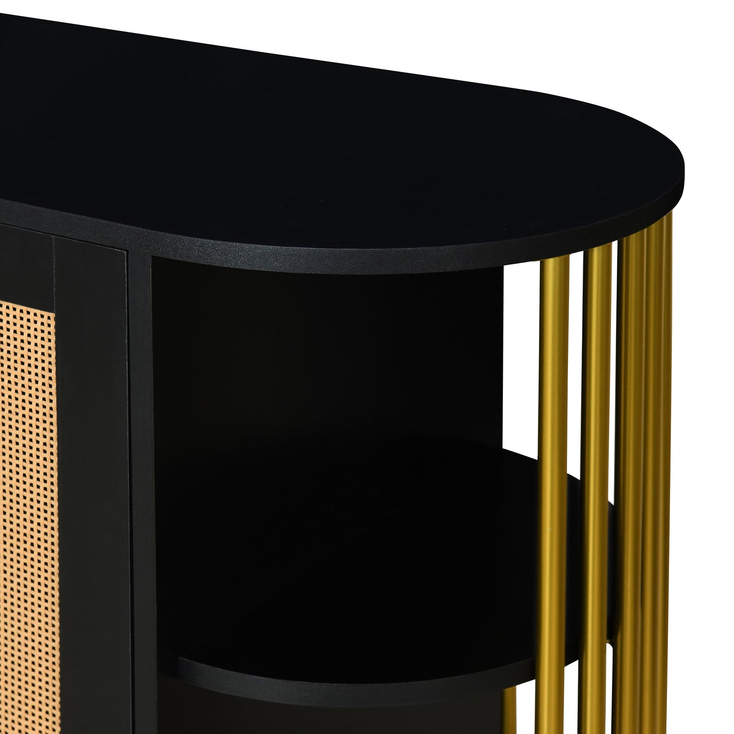 TREXM 2-Door Elegant Curved Dining Cabinet with Gold Trim and Woven Rattan Doors for Dining Room (Black)