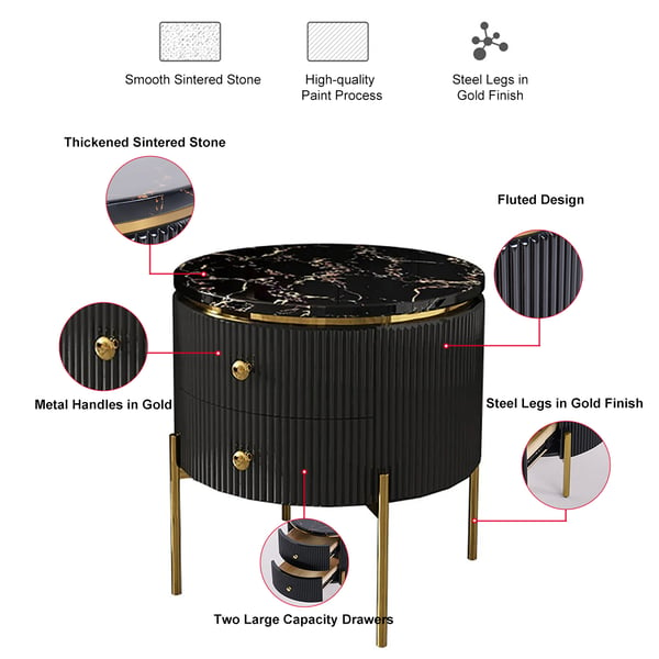 Modern Round End Table With Storage Black Faux Marble Side Table Gold Legs