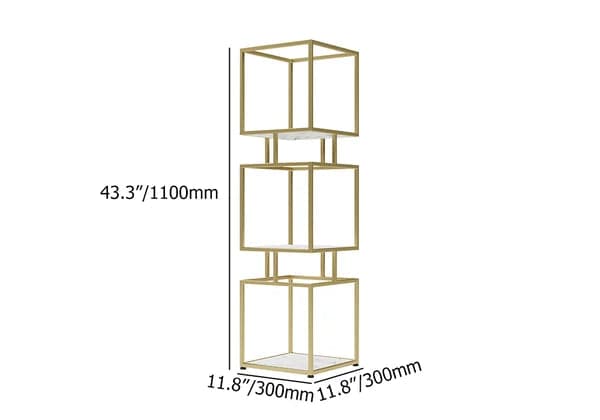 3-Tier Modern Black Cube Bookcase with Metal Tower Display Shelf in Gold Frame