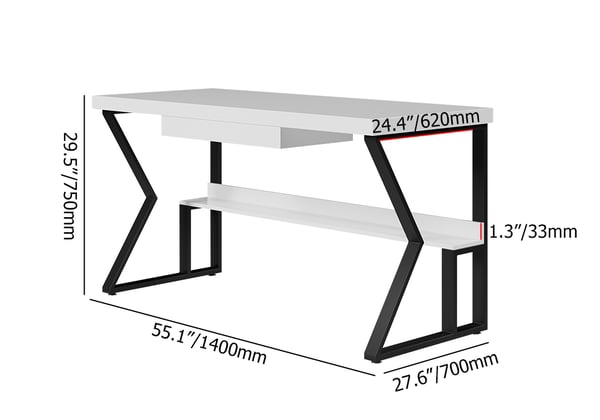 White Wooden Writing Desk Computer Desk with Shelf & Drawer Black Legs