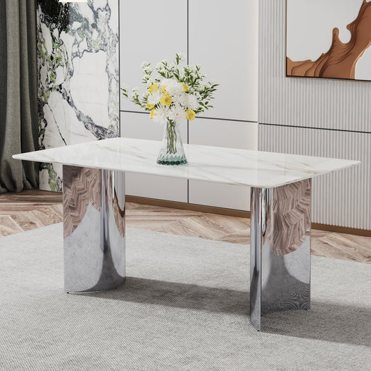 Contemporary White Imitation Marble Glass Dining Table - Stable Stainless Steel Legs for Stylish Dining Rooms