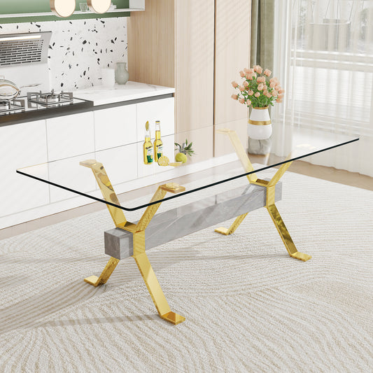 Dining table. Modern tempered glass dining table. Large modern office desk with gold plated metal legs and MDF crossbars, suitable for both home and office use. Kitchen. 79 ''x39''x30 '' 1105