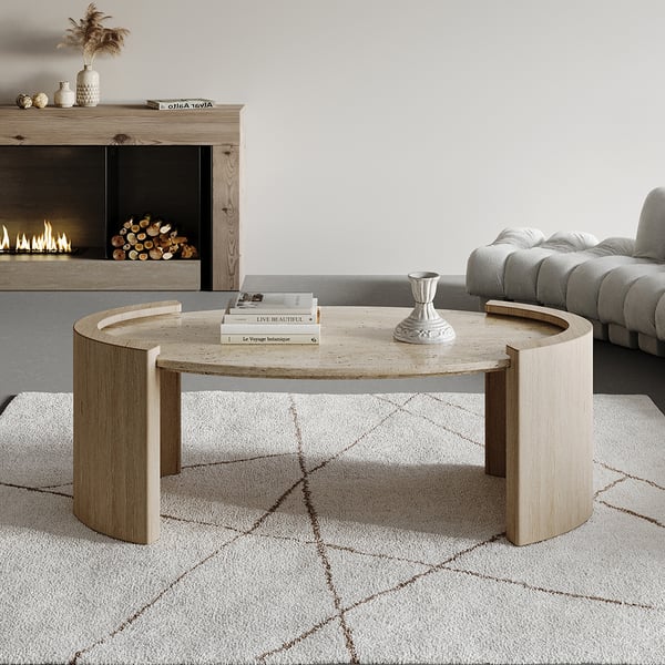 42" Japandi Travertine Coffee Table with Oval Beige Stone Top