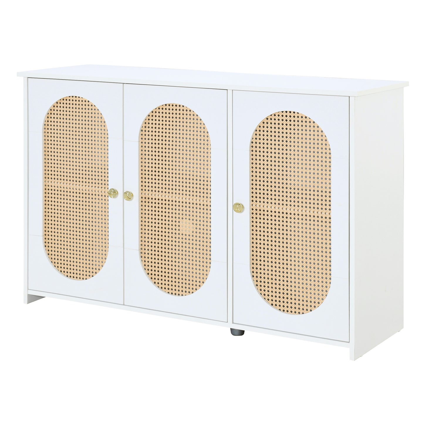 TREXM Retro 3-Door Sideboard with Large Storage Space Artificial Rattan Doors and Metal Handles, Accent Cabinet for Living Room and Hallway (White)