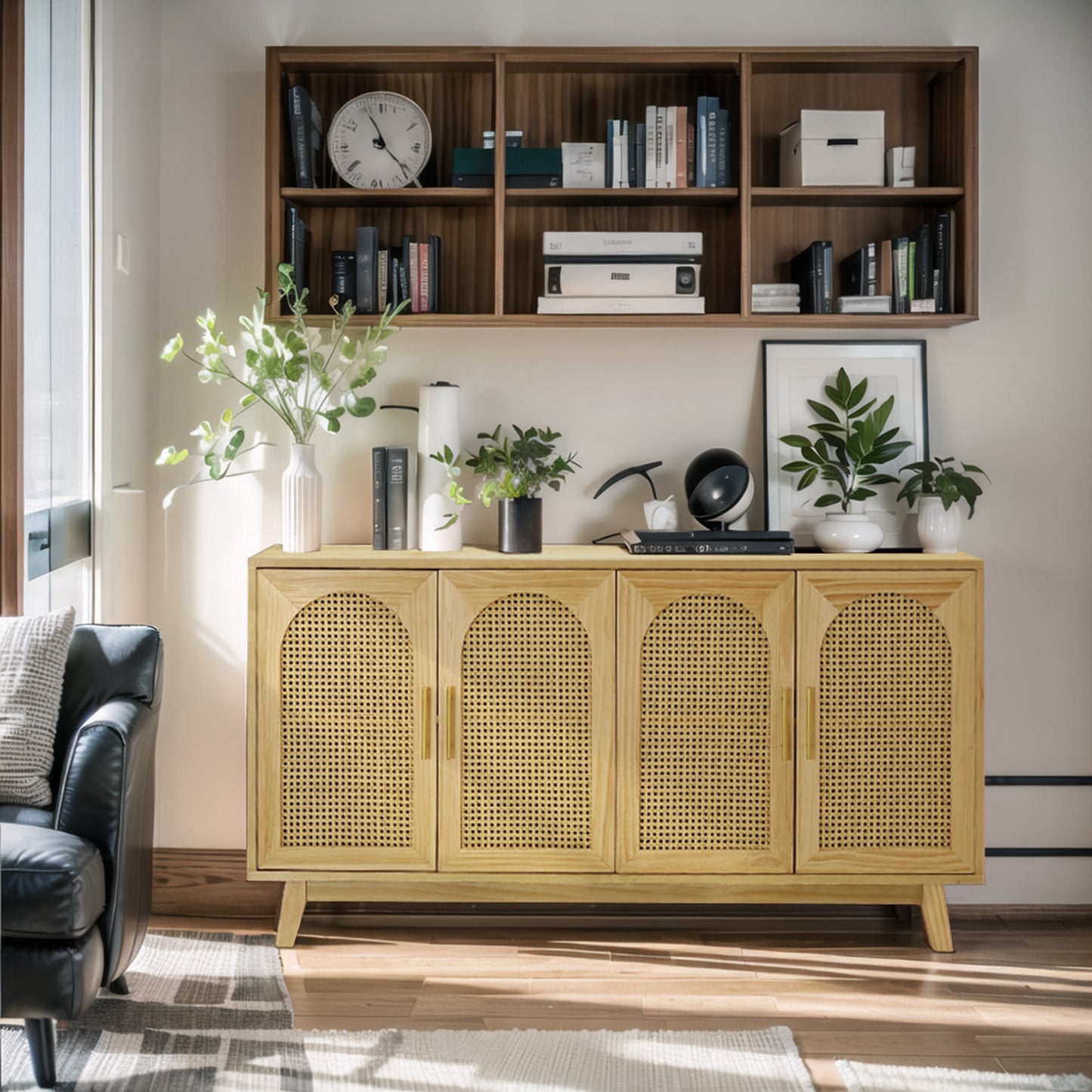 Armoire moderne à 4 portes de 59.84 pouces avec portes décoratives en rotin, pour chambre à coucher, salon, bureau, assemblage facile, naturel