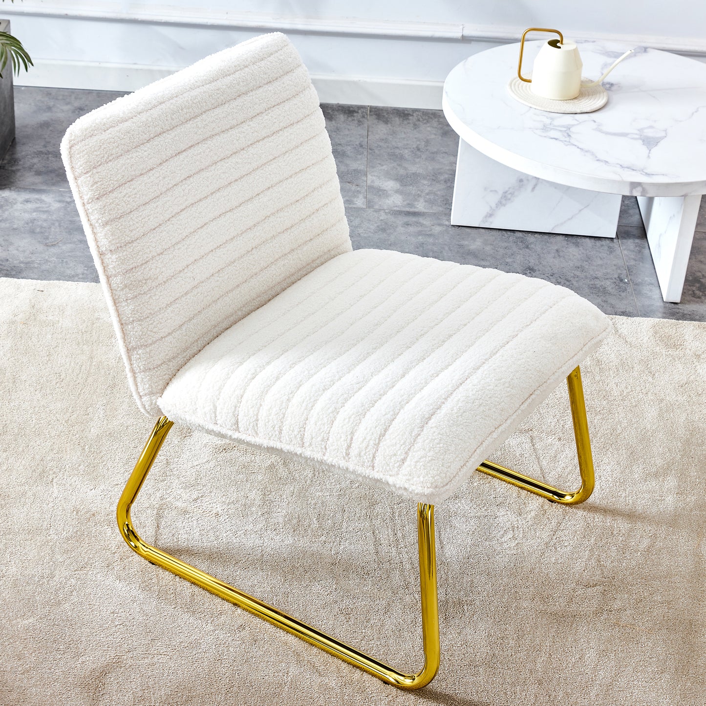 White Minimalist Armless Sofa Chair with Plush Cushion and Backrest - Elegant Design with Golden Metal Legs, Ideal for Offices, Restaurants, Kitchens, and Bedrooms