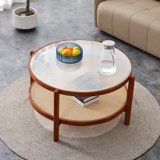 Modern Minimalist Circular Coffee Table - Double-Layer Solid Wood Design with Craft Glass Top and PE Rattan