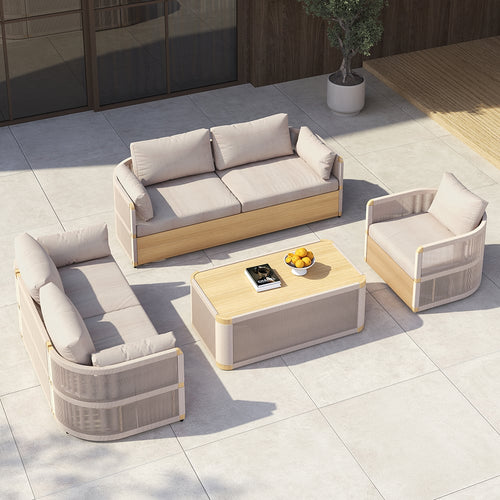 4 Pieces Modern Aluminum & Rope Outdoor Swivel Sofa Set with Coffee Table in Khaki for 6