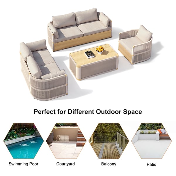4 Pieces Modern Aluminum & Rope Outdoor Swivel Sofa Set with Coffee Table in Khaki for 6