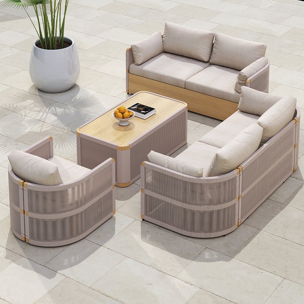 4 Pieces Modern Aluminum & Rope Outdoor Swivel Sofa Set with Coffee Table in Khaki for 6