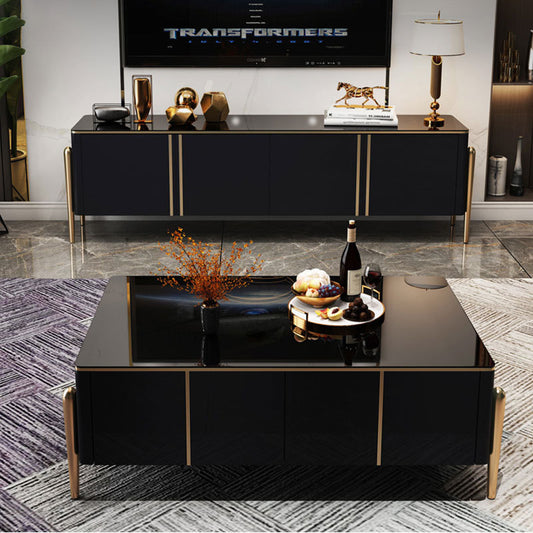Black Coffee Table Modern Rectangular Or Square Design With Golden Leg Glass Top