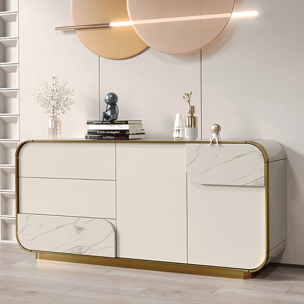 63" Modern Off White Sideboard Buffet with Storage White Sintered Stone