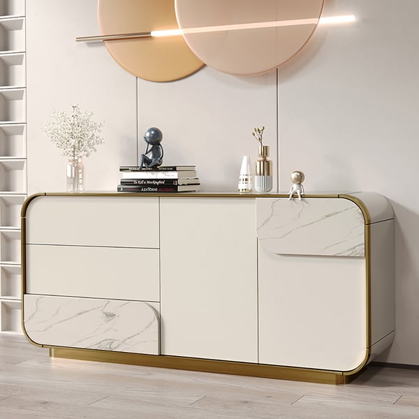 Buffet buffet moderne blanc cassé de 63 po avec rangement en pierre frittée blanche