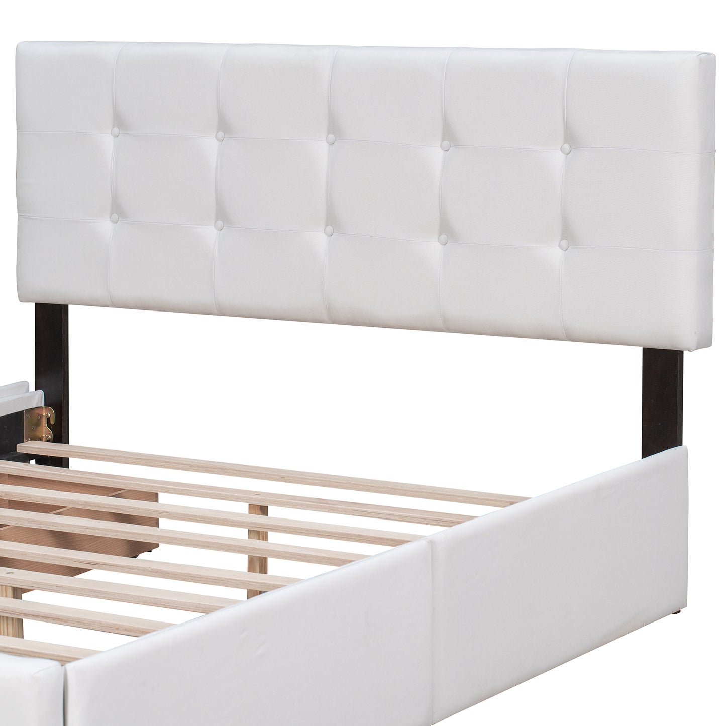 Lit plateforme rembourré avec tête de lit classique et 4 tiroirs, aucun sommier tapissier nécessaire, tissu en lin, Queen Size blanc