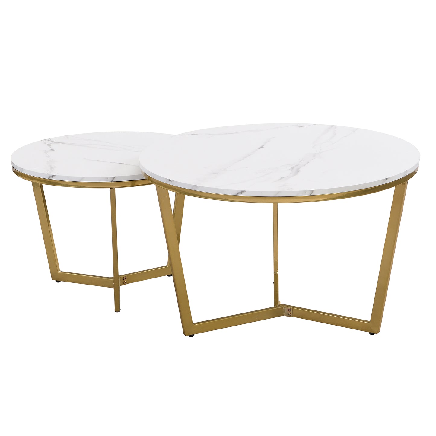 Modern Round Nesting Coffee Table Set 2-Piece White & Marbling Top Gold Base