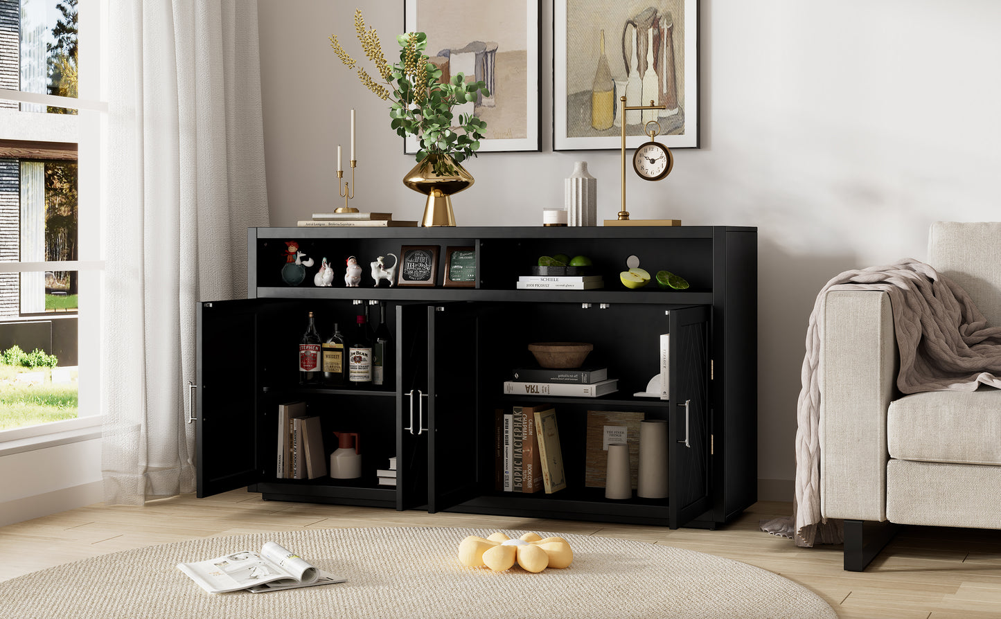 TREXM 4-door Classic Sideboard with Open Storage and Adjustable Shelves Perfect for kitchens,  living rooms (Black)