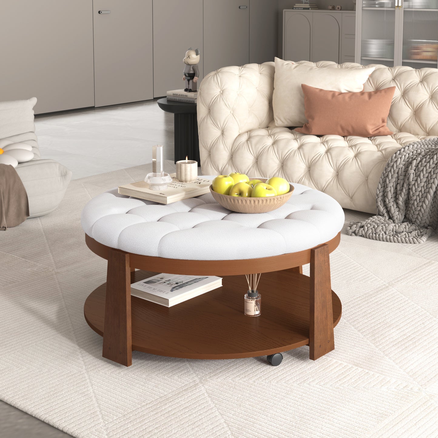 Modern Large Round Ottoman Coffee Table 2-Tier Oversized Button Tufted Ottoman with Wood Shelf Storage Upholstered Coffee Table for Living Room Footrest Ottoman with wheel, waterproof Linen