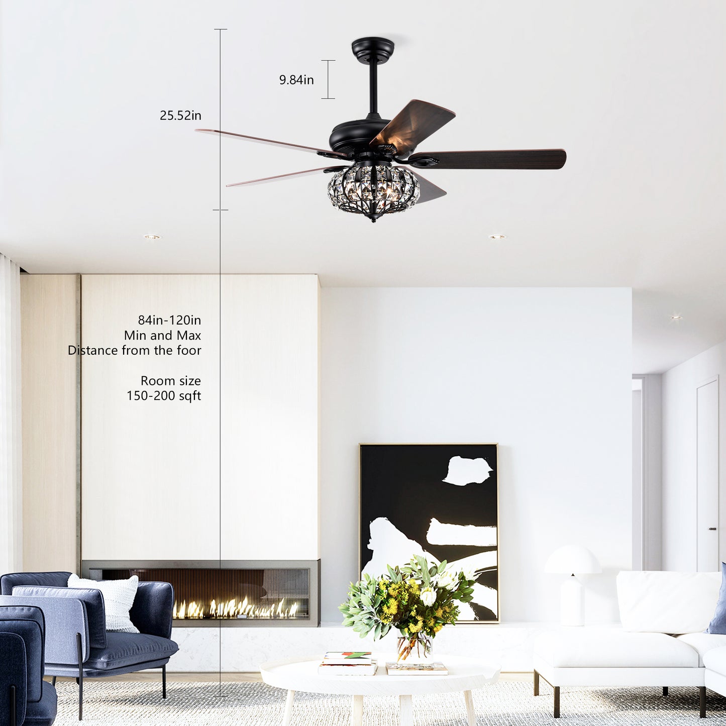 Elegant 52" Ceiling Fan Lamp - Crystal Shade, Remote Control, 3 Speeds, and 5 Reversible Blades - Matte Black