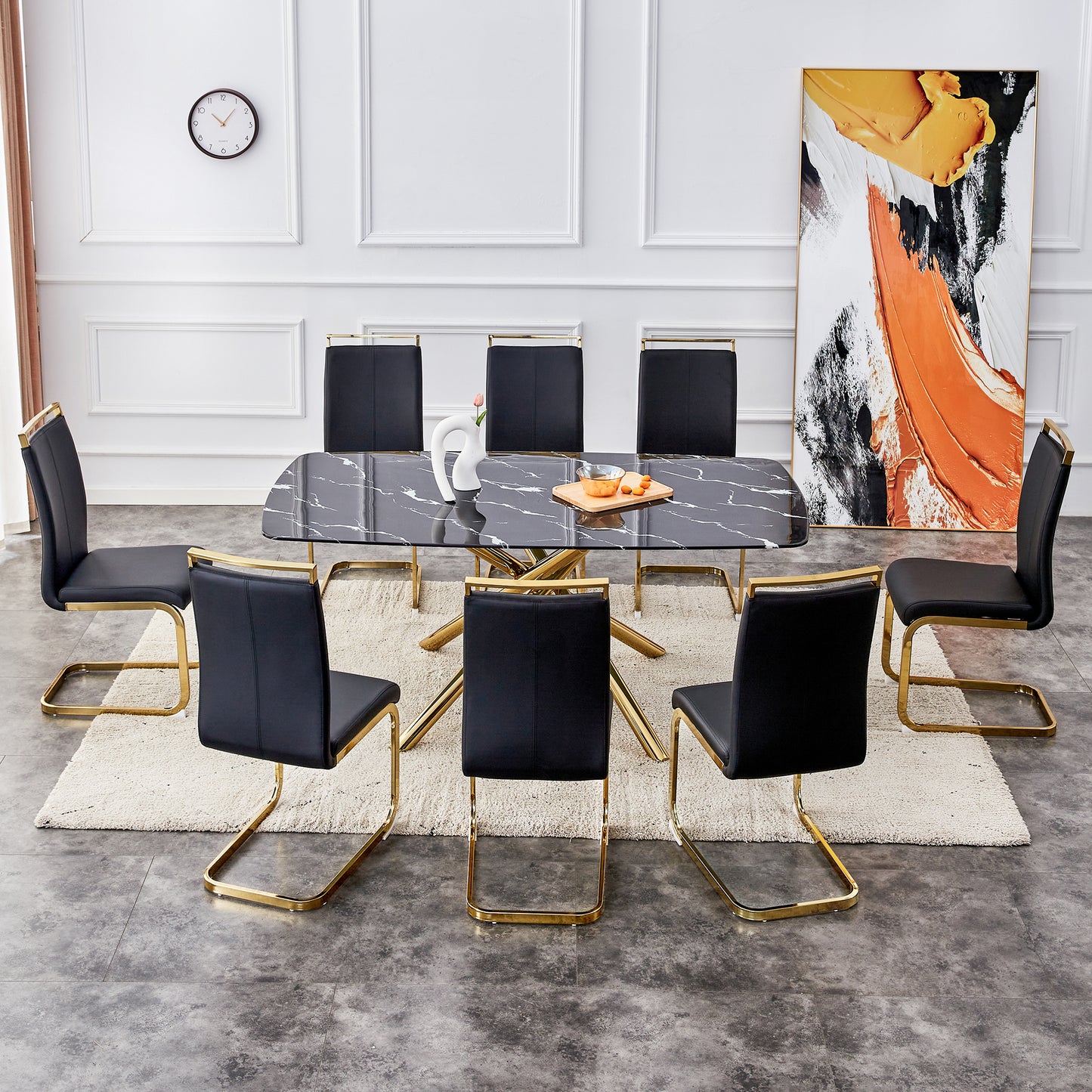 Contemporary Large Dining Table with Black Imitation Marble Top - 0.39" Thick Design with Golden Metal Legs, Perfect for Dining Rooms