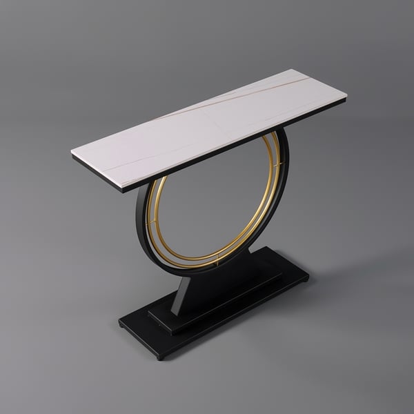 Table console rectangulaire moderne en pierre frittée en noir, blanc et or
