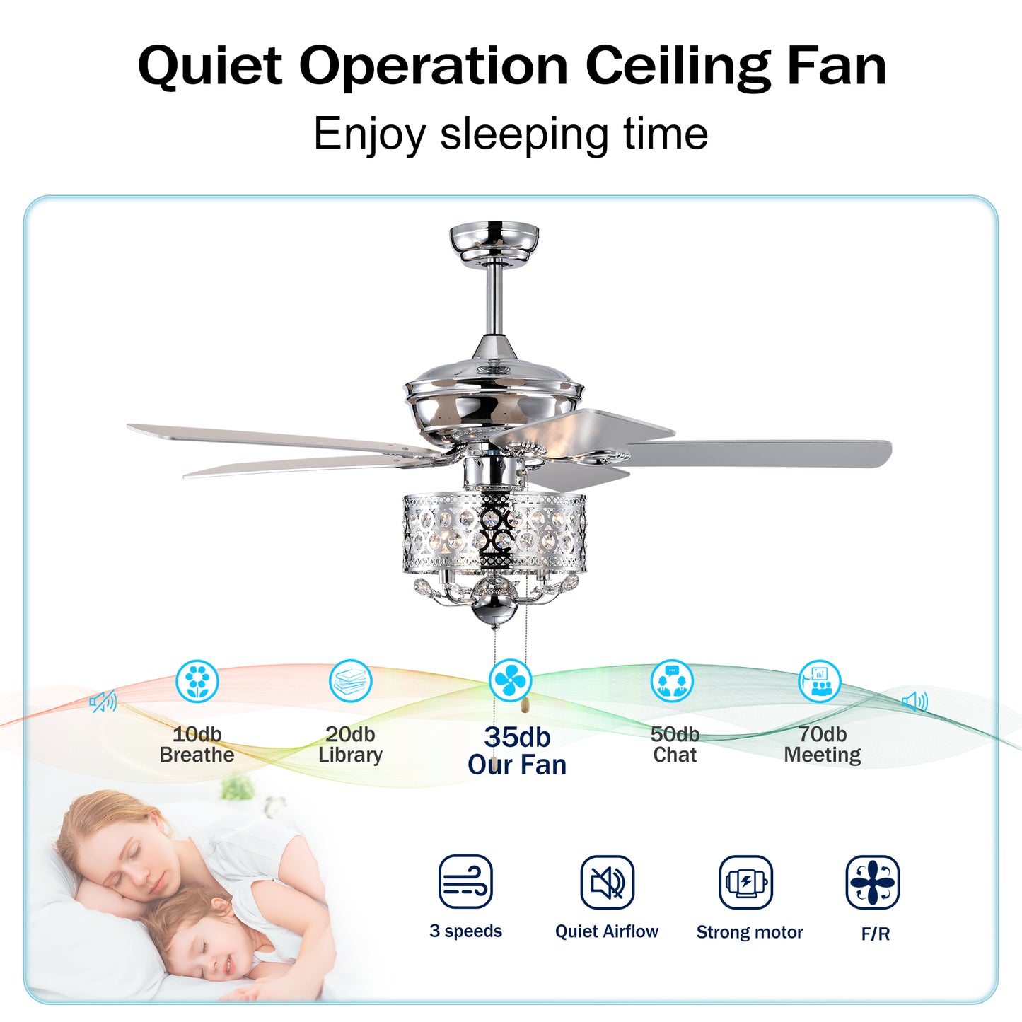 Chrome 52" Ceiling Fan with Reversible Motor - Indoor Use, Pull Chain Control (No Light Bulb)