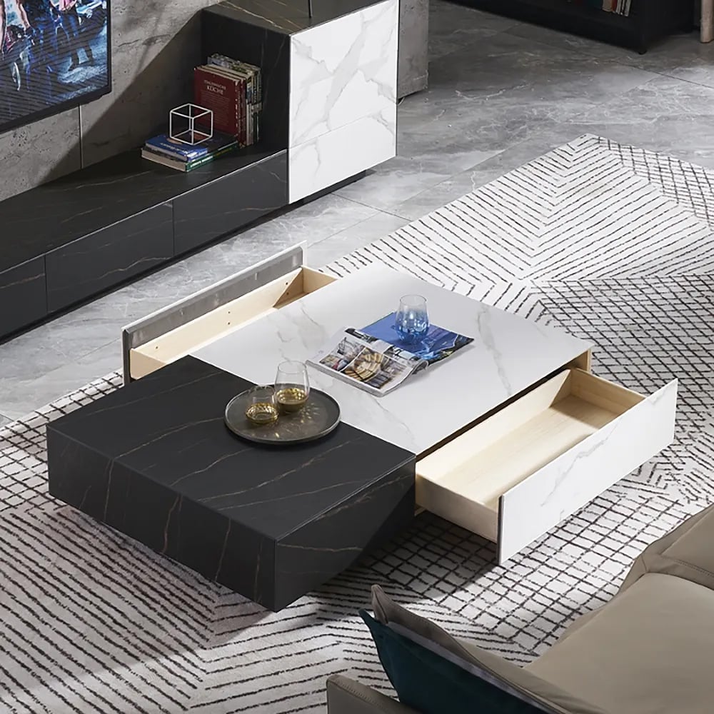 Black & White Coffee Table with Storage Rectangle Sintered Stone Top & Wood Drawers