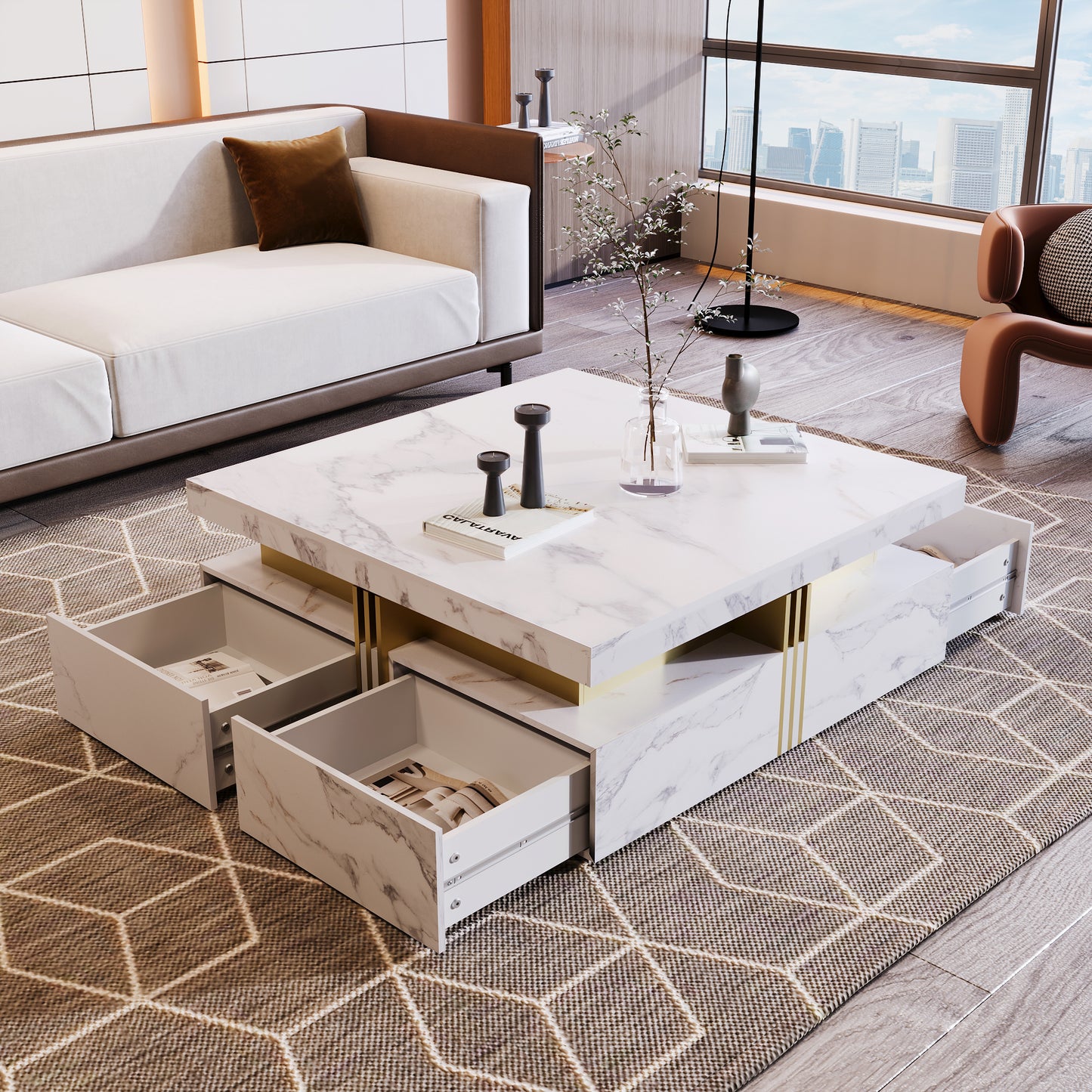 Modern White Square Storage Coffee Table with 4 Drawers