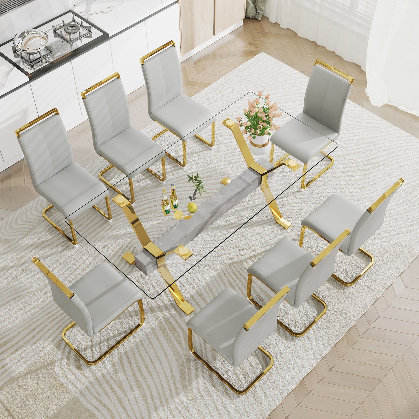 Dining table. Modern tempered glass dining table. Large modern office desk with gold plated metal legs and MDF crossbars, suitable for both home and office use. Kitchen. 79 ''x39''x30 '' 1105