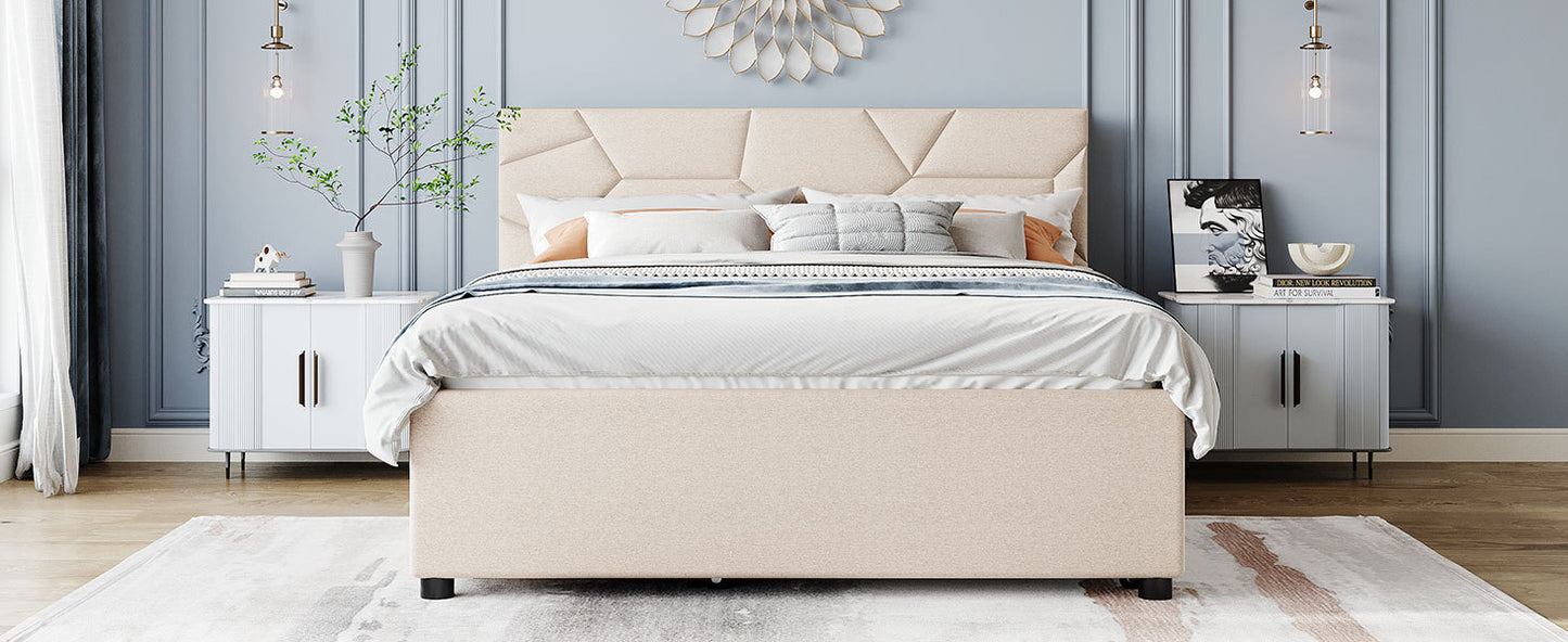 Lit plateforme rembourré Queen Size avec tête de lit à motif brique, avec lit gigogne double XL et 2 tiroirs, tissu en lin, beige