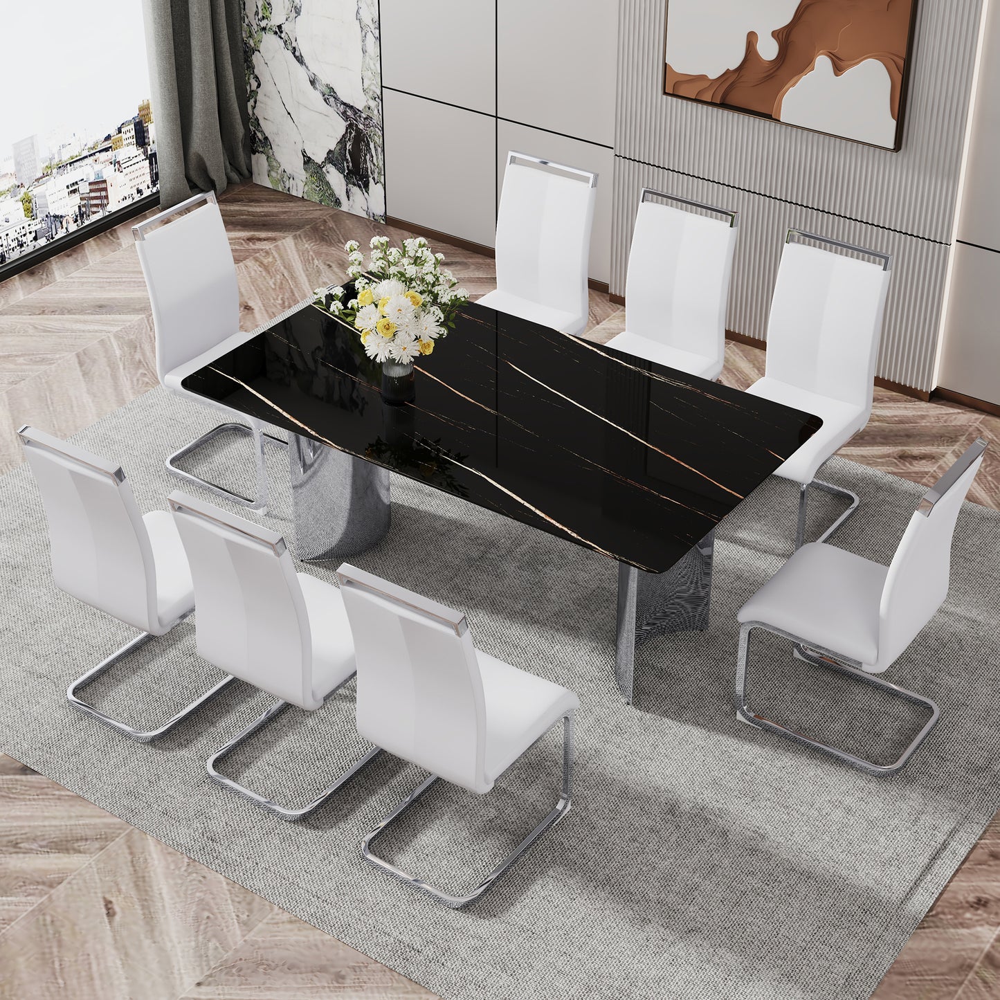 Modern minimalist dining table. The black imitation marble glass desktop is equipped with silver metal legs. Suitable for restaurants and living rooms 71 "* 39.3" * 29.5 "DT-69