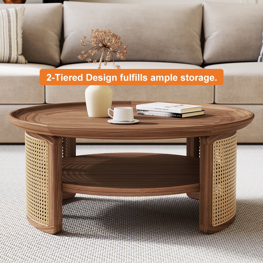 2-Tiered Japandi Round Walnut Wood Coffee Table with Storage Rattan Base