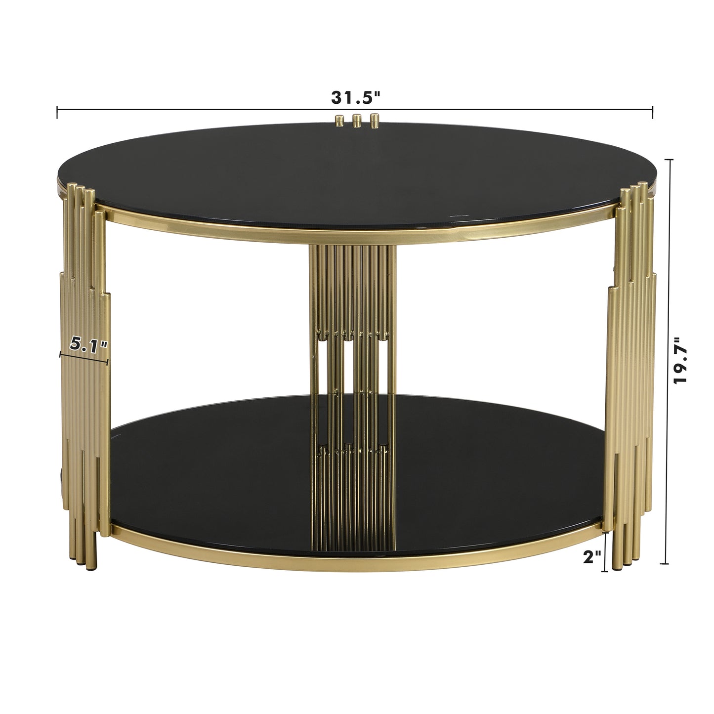 Modern Black Mirror Coffee Table, Asymmetrical Metal, Circular Metal Drum Base, Gold Finish & Lower Shelf