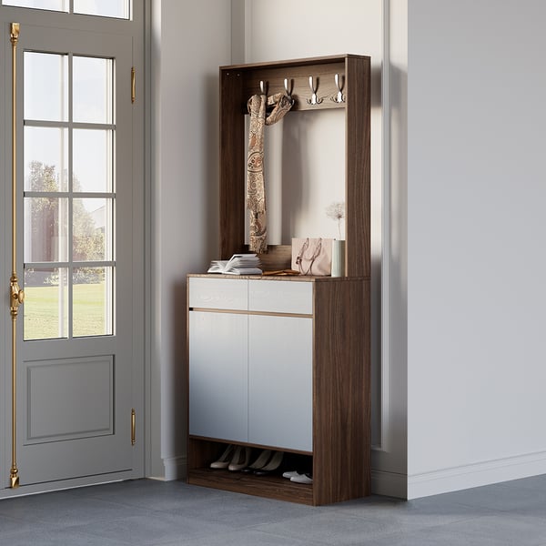 Armoire à chaussures moderne en noyer et gris avec 5 étagères, 2 tiroirs, 2 portes, rangement pour chaussures d'entrée