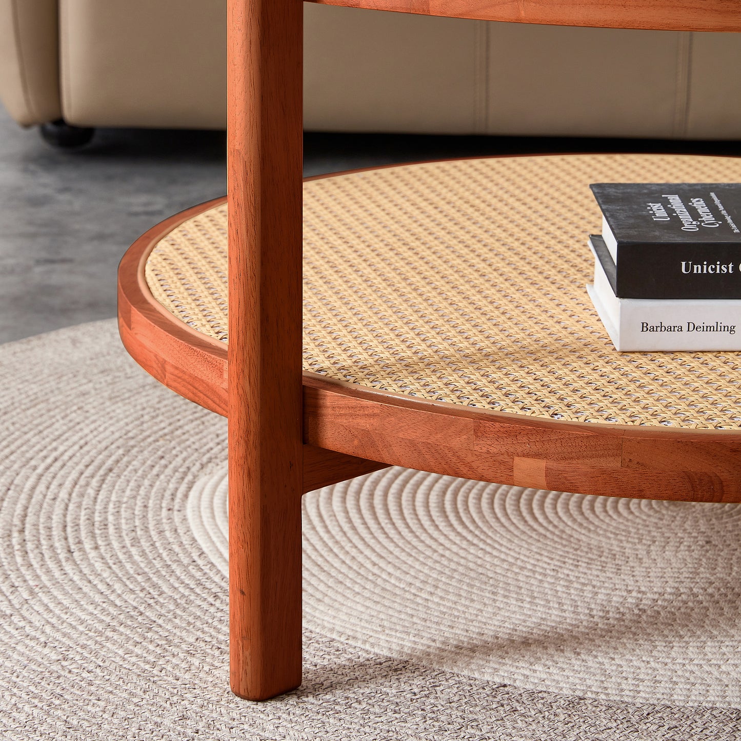 Modern Minimalist Circular Coffee Table - Double-Layer Solid Wood Design with Craft Glass Top and PE Rattan