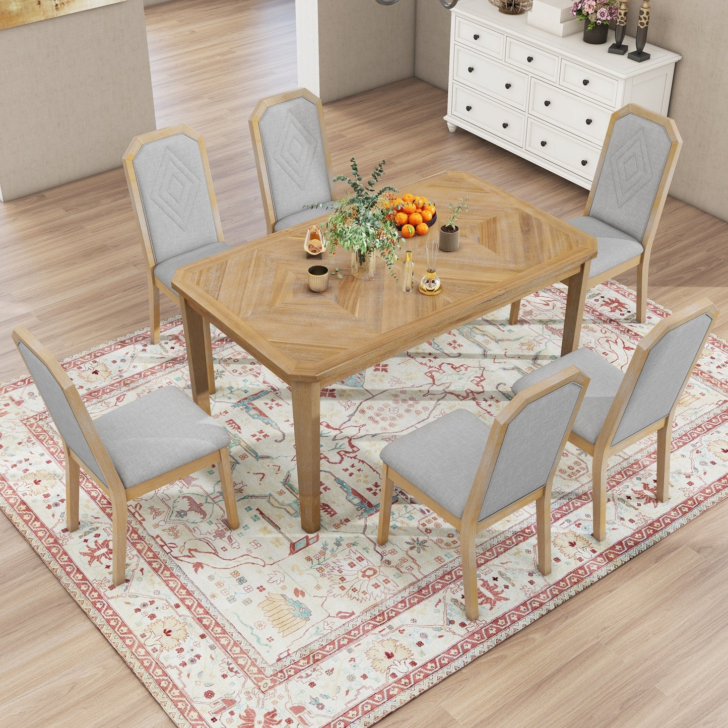 TREXM 7-Piece Farmhouse Dining Set Classic Rustic Table and 6 high-back design Chairs for Dining Room, Kitchen (Natural Wood Wash)