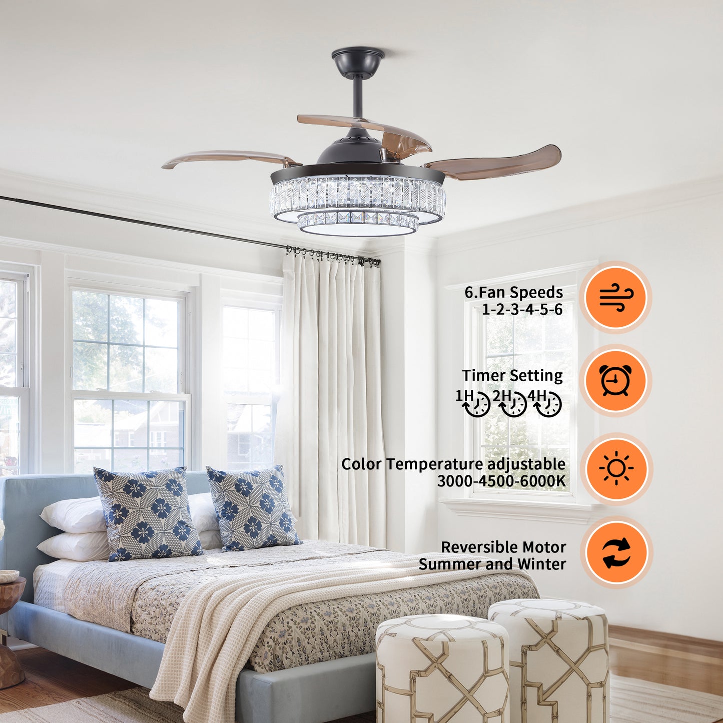 Stylish Retractable Ceiling Fan with LED Light - 4-Blade Design, Remote Control